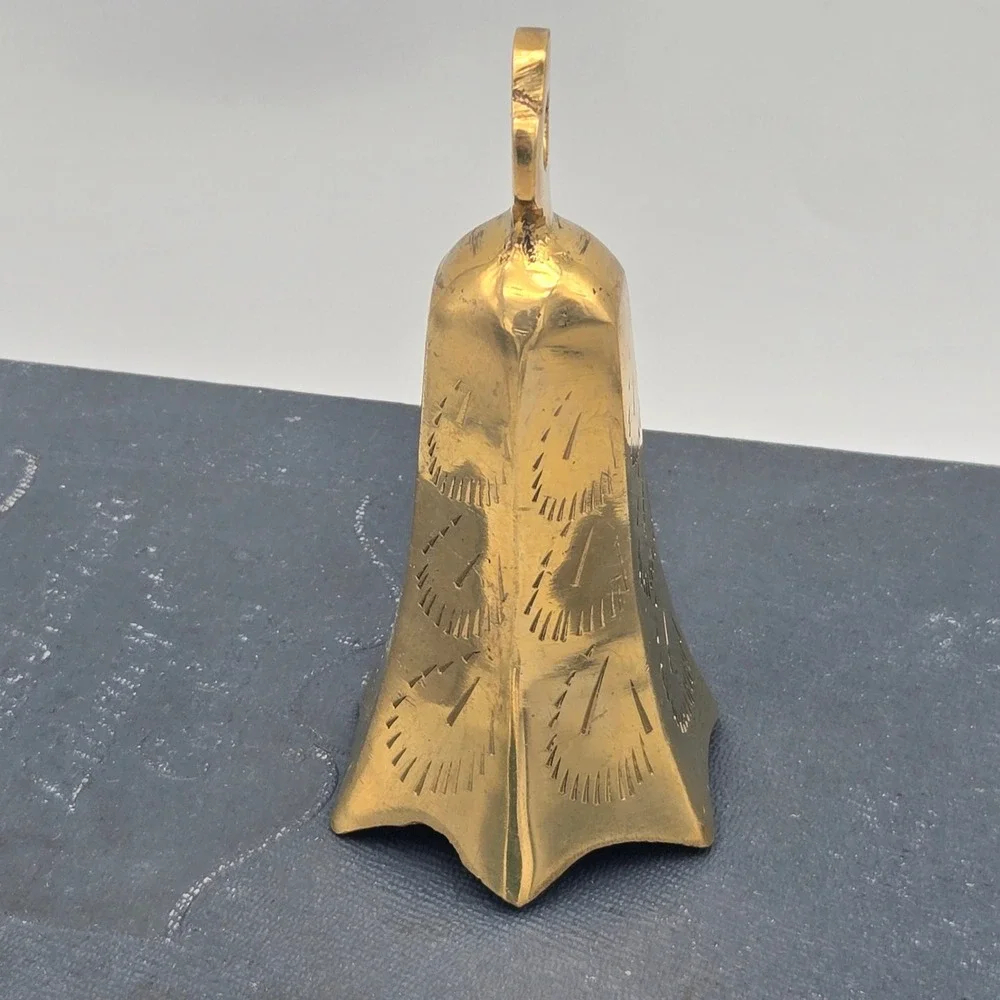 Vintage Small Solid Brass Bell Scalloped Edge Etched Design Meditation Chime 4